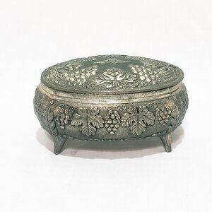Grape Design Silver tone Metal Trinket Box Small Oval Footed 1.5" Japan Jewelry